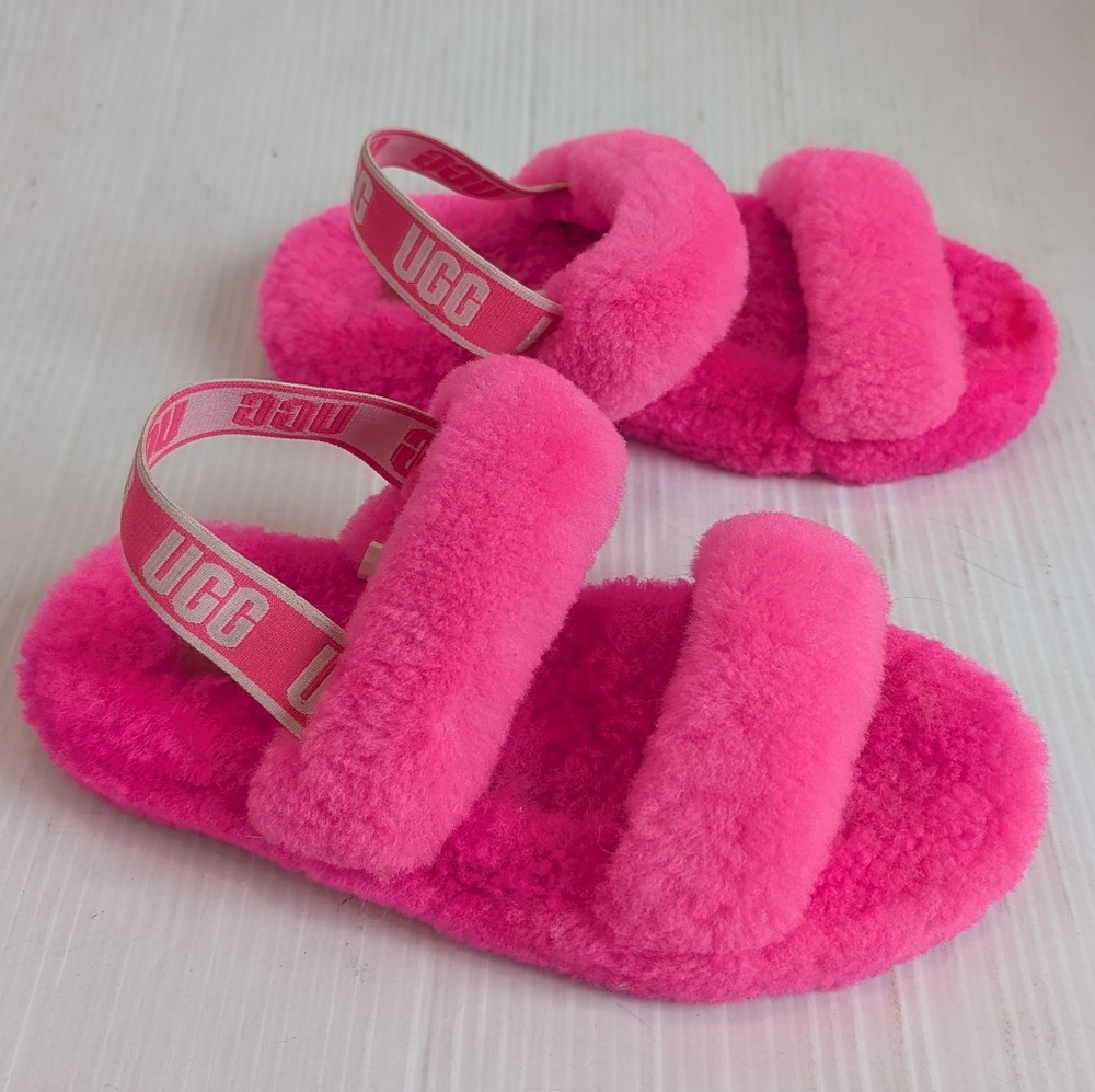 UGG Oh Yeah Slide Kids Fuzzy Pink Slingback Slippers Size 4 - Picture 3 of 8